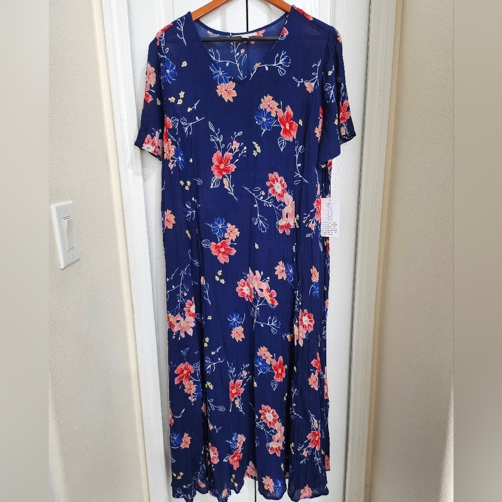 Woman Within 1X Petite Blue Floral Dress Midi Short Sleeve Rayon Plus - Picture 4 of 11